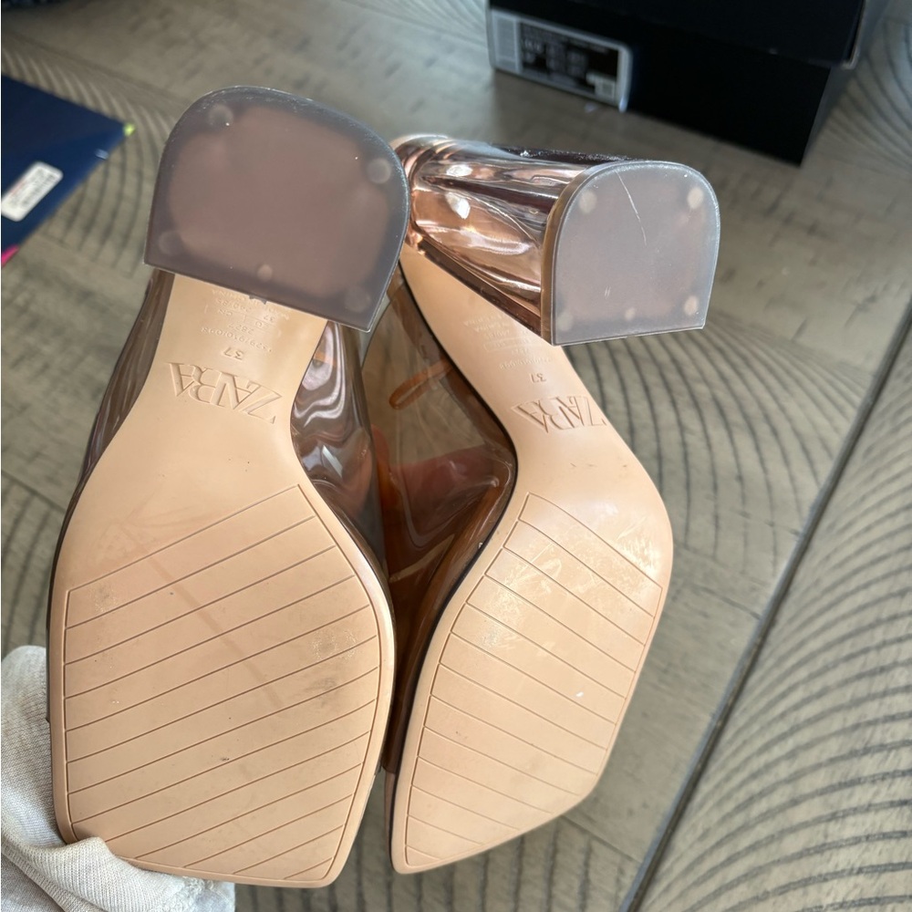 NEW Brown and Tan Zara Square Toe Transparent Block Heels - Picture 4 of 5